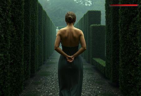 masterpiece portrait of woman walking through a hedge maze::1.4, video game concept art style::1.2, semi-realistic 3D render art::1.1,
(physical description: pudgy build, not skinny or obese, sturdy posture, mature proportions, hands clasped behind back:1.1),
(facial features, expression: not visible, back-facing view:1.0),
(clothing details: , nightgown  barefoto:1.0),
(accessories: none visible from rear view:0.9),
(background setting: dense, tall hedge maze with narrow gravel paths and trimmed walls of greenery, ambient mist and distant garden statues:0.9),
(lighting style: overcast natural daylight with diffused shadows and a muted, mysterious ambiance:0.8),
(composition and camera framing: third-person video game view from slightly behind and above, full body shot, centered in frame:1.0),
(emotional tone or theme: immersive, exploratory, quiet suspense:0.9),
(technical execution: includes a video game-style HUD with red health bar in the top right corner and a minimap with icons in the lower left:0.8)