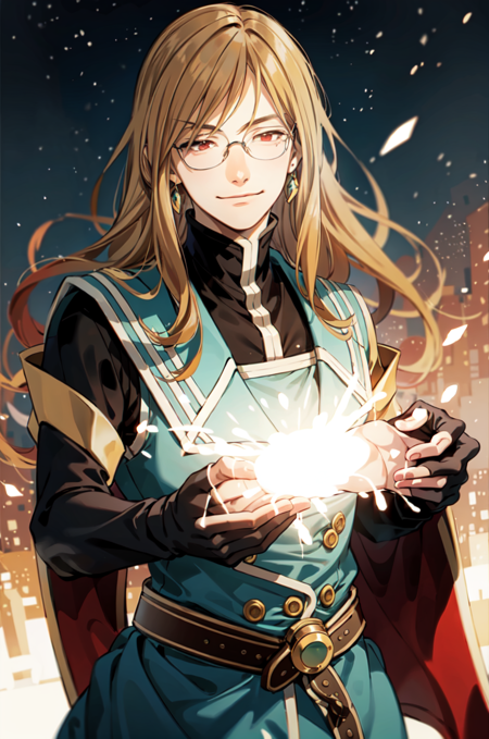 jadecurtiss, 1boy, male, solo, long hair, glasses, (((red eyes))), gloves, coat, cape, orange hair, smile