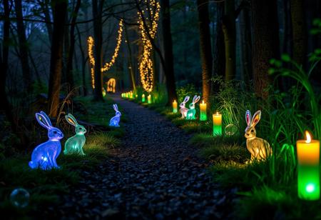 Forest path illuminated, with bunnies and glass bunnies and candles and lights