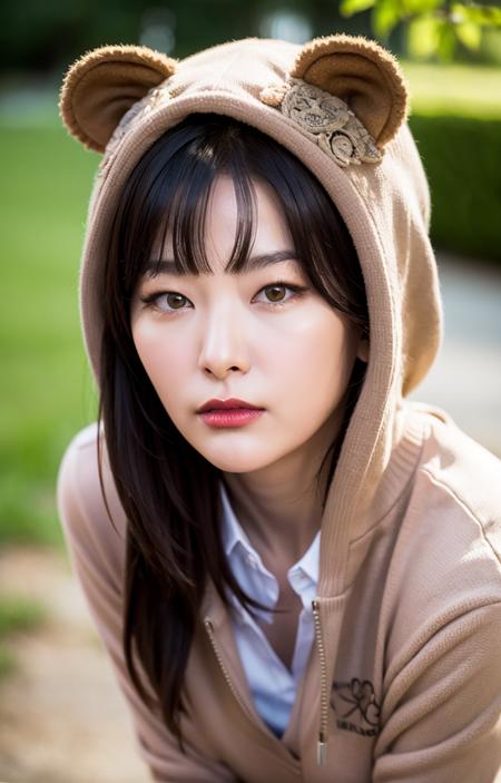 seulgi,woman,8k,hdr, puffy eyes,masterpiece, (best quality:1.4), (realistic:1.37),(photorealistic:1.37),ultra detailed, detailed face, realistic face,(realistic skin:1.37), (intricate:1.5), blunt bangs, pale skin, (cowboy shot), portrait photo, perfect lighting, (wearing bear hoody),(school area),(look at viewer), (small breast:1.2), slim, slender, natural makeup, red lips, model pose, <lora:seulgi-byhighwizardS1ver:1>