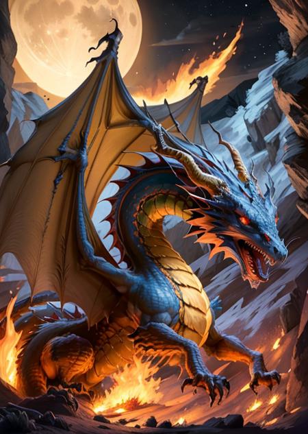 dragonesnomana,red eyes,dragon,wing,nigth,moon,(egg),fire,teeth,gold,cave, <lora:draconic-10:0.75>