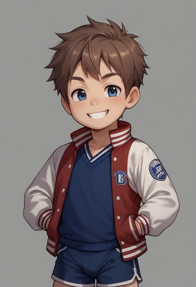 score_9, score_8_up, score_7_up, source_anime, highly detailed, young, 1boy, solo, cute boy,  jock boy, smug smile, letterman jacket, shorts