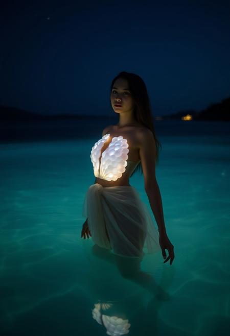 A woman, standing gracefully in the calm, illuminated waters of a serene bay, wears an opalescent shell breastplate that glows softly in the moonlight. The flowing, sheer fabrics wrapped around her waist blend seamlessly with the glowing water, creating a peaceful, dreamlike setting under the clear, starry sky.