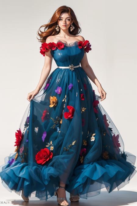 blu3fl0w3rdr3ss, bare shoulders,standing,full body,roses,flowers,blue dress,strapless dress,long dress <lora:blu3fl0w3rdr3ss:0.75>  <lora:detail_slider_v4:1> <lora:Fr3ckles:0.8> Fr3ckles,  ginger hair, long hair,  grey eyes, freckles, 1girl, <lora:age_slider_v20:1> large breasts,  <lora:weight_slider_v2:0.8>  white background,