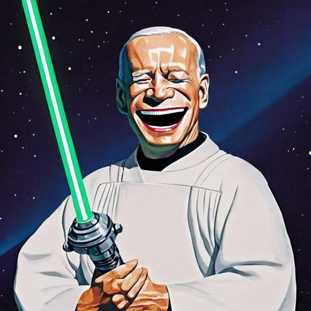 Jedi Master President Biden raises lightsaber in space, yueminjun_V, closed eyes, close-up, white, laughed and said, face, very_short_hair