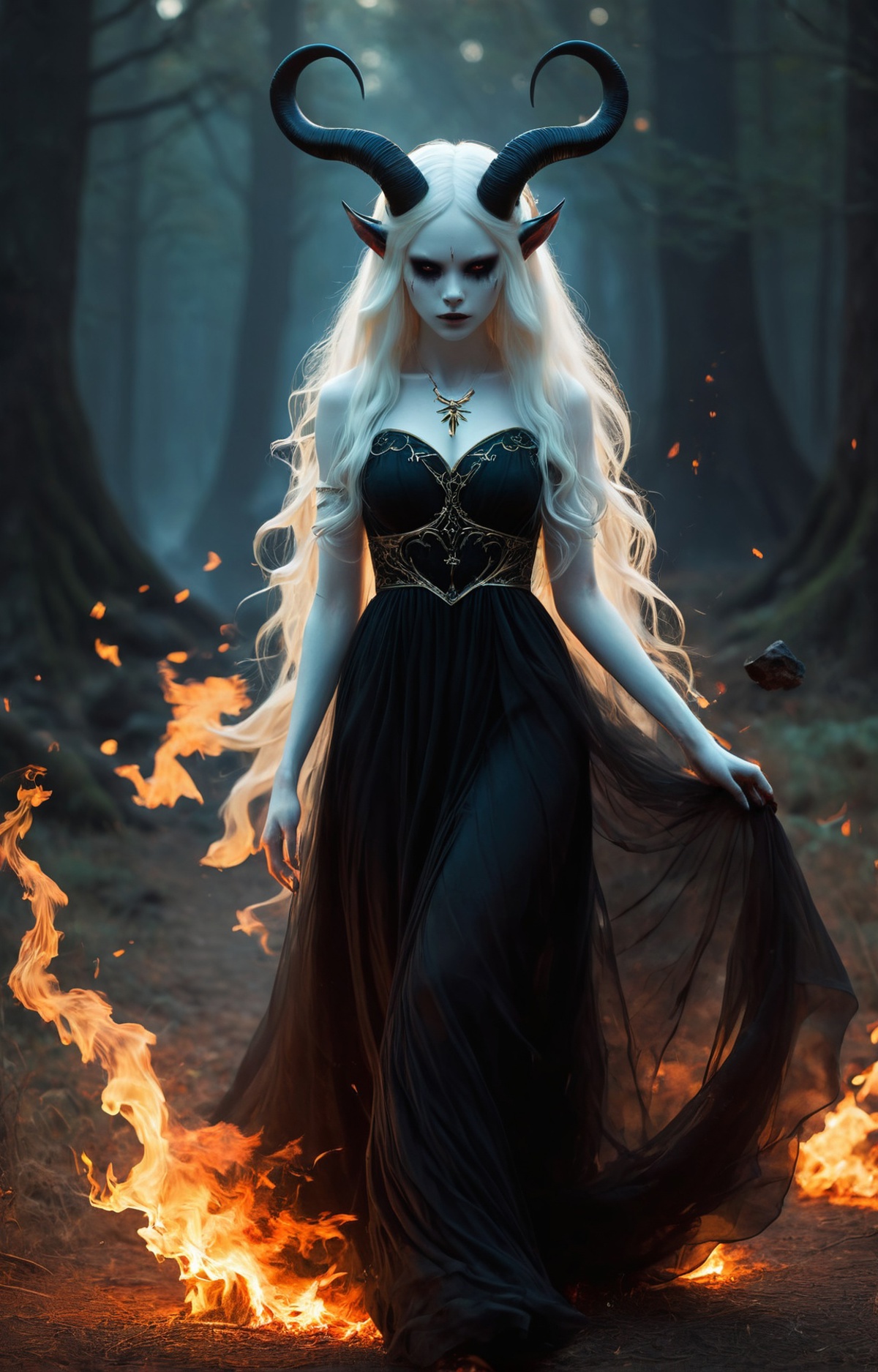 A woman with white hair, wearing a dark dress, is walking through a forest. The scene is illuminated by fire, creating a dramatic and mysterious atmosphere. The woman appears to be the main focus of the image, with her elegant attire and striking appearance. The forest in the background adds a sense of depth and intrigue to the scene, further emphasizing the enchanting and captivating nature of the image.