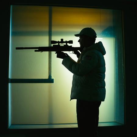 davidfincherstyle, a silhouette of a man with a white hat and white jacket is standing near a window holding a sniper rifle, It is nighttime and has a warm color temperature as indicated by the lighting in the scene,volumetric lighting,depth of field