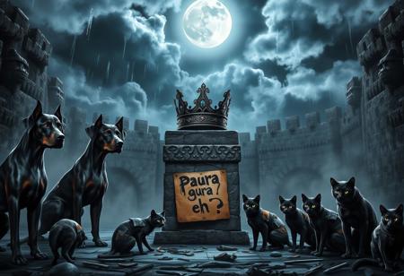 Under a stormy sky, a medieval arena carved from ancient stone is illuminated by cold, silvery moonlight. The scene is tense, with five Dobermans standing on one side, their muscular forms clad in dark, battle-worn armor engraved with intricate patterns. Their eyes glow with an unnatural intensity, and their breath forms mist in the chilly night air.
Opposite them, five enigmatic cats crouch low, each wearing patchwork armor made from scavenged materials—leather, metal, and bones. Their reflective eyes glint in the darkness as their tails flick in anticipation.
At the center of the arena, a stone pedestal holds a crown made of twisted metal and dark, glimmering jewels, emitting an eerie, pulsating glow. The ground around the pedestal is littered with remnants of past battles—broken weapons and shattered armor.
A weathered cardboard sign, hanging from the pedestal, reads “Paura eh?” in jagged, dripping script, as if taunting both sides. The atmosphere is charged with suspense as the Dobermans and cats, driven by a mixture of fear and determination, prepare for the imminent clash under the watchful, ominous moon.