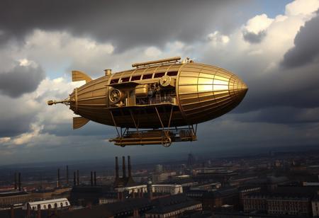 A grand steampunk zeppelin soars through the cloud-draped sky, its brass framework and polished gears gleaming under the pale sunlight. The zeppelin’s intricate, Monty Python-inspired design boasts exaggerated yet imaginative mechanical details: large riveted brass panels, exposed gearwork, and ornate propellers that hum with controlled power. Its bulbous body is supported by elegantly coiled piping, while steam hisses from exhaust valves lining its sides. As it glides through the air, its adventurous spirit is palpable, evoking the retro-futuristic style of a bygone age, blending vintage aesthetics with mechanical ingenuity. The sky around it darkens with heavy clouds, casting long shadows that add to the Lord of the Mysteries’ moody atmosphere. Below, a sprawling cityscape filled with towering chimneys and iron-clad buildings reflects the zeppelin’s vintage-industrial aura. The scene feels alive, as the zeppelin crosses the horizon, daring to venture into the unknown, its metallic structure embodying both elegance and power.