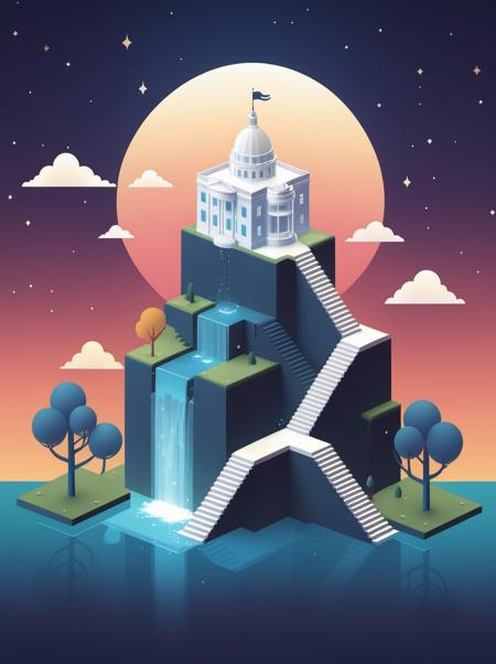 video game monument valley style, The White House,  stairs, water, cloud, trees, waterfall, gradient background, Night, starry sky, <lora:Monument Valley style:0.5>