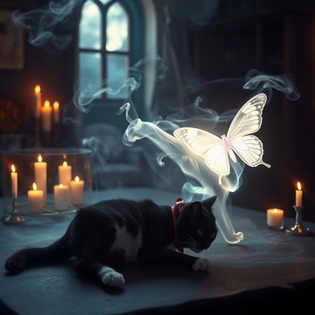 A mesmerizing image of ethereal smoke, illuminated by a heavenly glow, elegantly forming the silhouette of a lifelike cat. The smoke cat extends its paw, reaching toward a glowing, translucent butterfly, its core radiating with an otherworldly light. The smoke cat is positioned on a table beside the lifeless body of a black cat with white paws and a white spot on its upper lip wearing a red collar, creating a poignant and mystical scene. The balance of smoke density and airiness gives an uncanny realism to the apparition.
The background unveils an enchanted, dimly lit space—candles flicker, incense burns, and moonlight streams through a nearby window, casting a dreamlike glow. The fusion of hyper-realistic 3D rendering, painterly textures, photographic realism, and illustrative vibrancy results in a visually striking masterpiece.