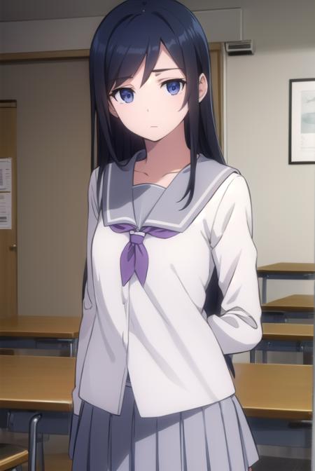 ayasearagaki, <lora:ayase aragaki s2-lora-nochekaiser:1>,
ayase aragaki, long hair, blue eyes, black hair, hair between eyes,
BREAK skirt, school uniform, serafuku, shirt, white shirt, grey sailor collar, grey skirt, pleated skirt,
BREAK indoors, classroom,
BREAK looking at viewer, (cowboy shot:1.5),
BREAK <lyco:GoodHands-beta2:1>, (masterpiece:1.2), best quality, high resolution, unity 8k wallpaper, (illustration:0.8), (beautiful detailed eyes:1.6), extremely detailed face, perfect lighting, extremely detailed CG, (perfect hands, perfect anatomy),