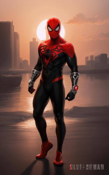 (((full body of male supspr))), (((silver bracelets))), (((sharp fingers))), a spider - man in a red and black suit looking at the sunset, 8k, unreal engine, octane render, by seunghee lee, Jang Tae-Hwan, Chocofing R, seungho lee, trending on pixiv, fanbox, skeb, masterpiece, smooth soft skin, big dreamy eyes, beautiful intricate colored hair, symmetrical, anime wide eyes, soft lighting, concept art, digital painting,  <lora:supspr:0.4>