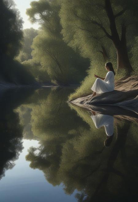 Sublime River Reflection
Prompt: A woman sits beside a calm river, the reflection of trees and her silhouette casting a mesmerizing mirror image on the water. Combines Raphaella Spence’s pristine clarity, Pedro Campos' photorealistic detail, and Diego Fazio’s hyper-detailed form rendering, highlighting each ripple and shadow.
photorealism, hyperrealism and hyperdetailing ,a UHD masterpiece photography.