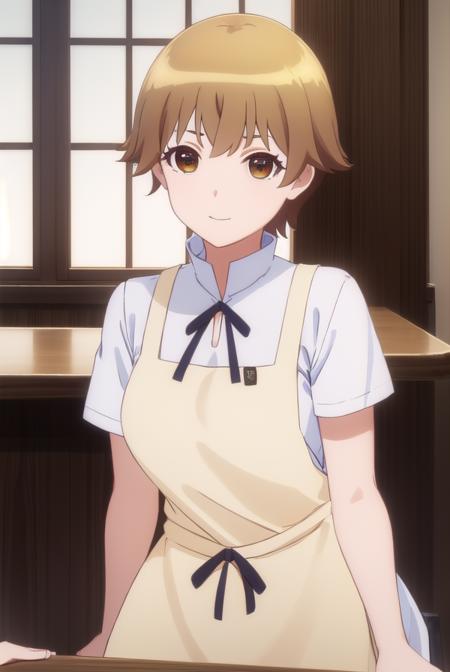 hana miyakoshi, short hair, brown hair, (brown eyes:1.3), apron, waitress,