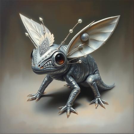 In a mesmerizing mixture of sleek silver tones and unusual elements, a peculiar creature emerges as the focal point. With a body elegantly adorned in creative shades of grey, its intricate patterns and unexpected features catch the viewer's eye. This striking image, possibly a surrealist painting, mesmerizes with its unique blend of imagination and craftsmanship. The fine details and expertly executed composition demonstrate the exceptional quality of the art, inviting viewers to ponder its unconventional beauty.