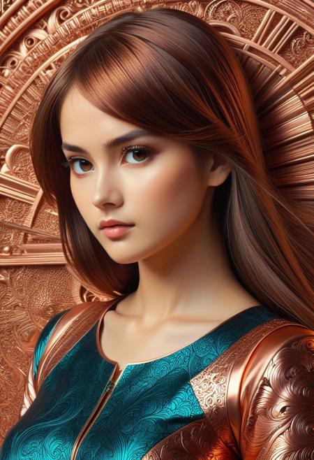 CopperCopper theme, intricate details, ultra sharp, exquisite detail, flawless composition, vivid colors, masterpiece, Super model, portrait, stoic, expressionless, beautiful, photorealistic, UHD, 8K, masterpiece, detailed, ultra_high_resolution, lots of detail, YurYuna, brown hair, modest, sfw, gorgeous, looks beautiful and aesthetic, colorful background, key visual, luxurious, artistic, high resolution, digital art, visual aesthetics, contemporary design, vibrant colors, artistic composition,  elegant, intricate detailing, modern,