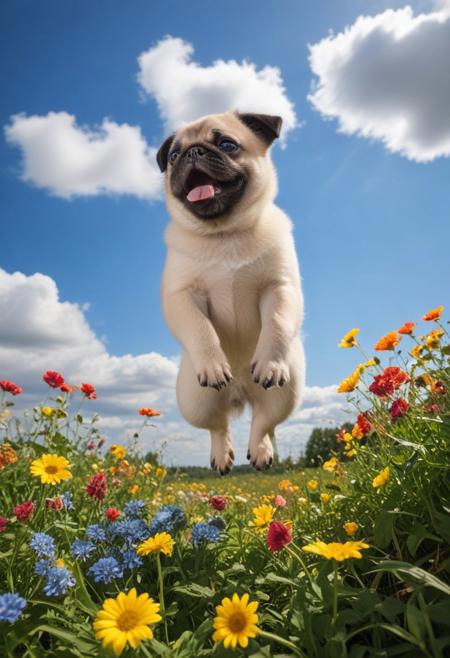 Highly detailed photograph of a pug puppy leaping through the air above a field of colorful flowers. Side view. Floppy ears, big eyes, very cute, very happy, joyful. Blue sky with fluffy clouds. Bright sun, god rays.