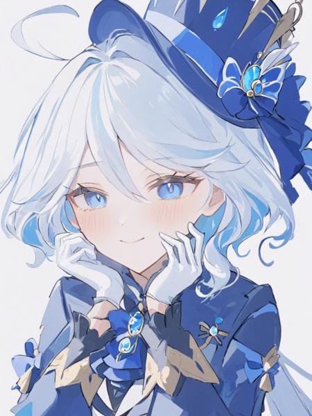 <lora:èå®å¨:1>,1girl, gloves, solo, blue_eyes, smile, looking_at_viewer, hand_on_own_face, hat, hand_on_own_cheek, long_sleeves, white_background, bow, top_hat, upper_body, hat_bow, blue_hair, simple_background, hair_between_eyes, bangs, closed_mouth, brooch, blue_headwear, ahoge, blush, jacket, jewelry, blue_bow, white_hair, blue_gemstone, white_gloves, frilled_sleeves