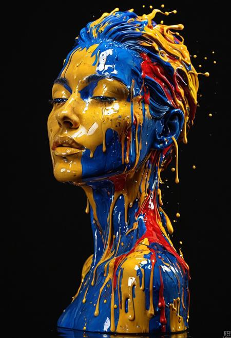 A stunning 3D realistic artistic sculpture of a graceful female head and shoulder in air, , exuding elegance and beauty, dynamically splashed with vibrant, flowing oil colors in bold hues like electric blue,  fiery red, and golden yellow, creating a mesmerizing contrast against a deep black background. The sculpture has a striking 3D pop effect, with hyper-detailed textures, lifelike skin, and glossy, reflective paint drips enhancing its depth.