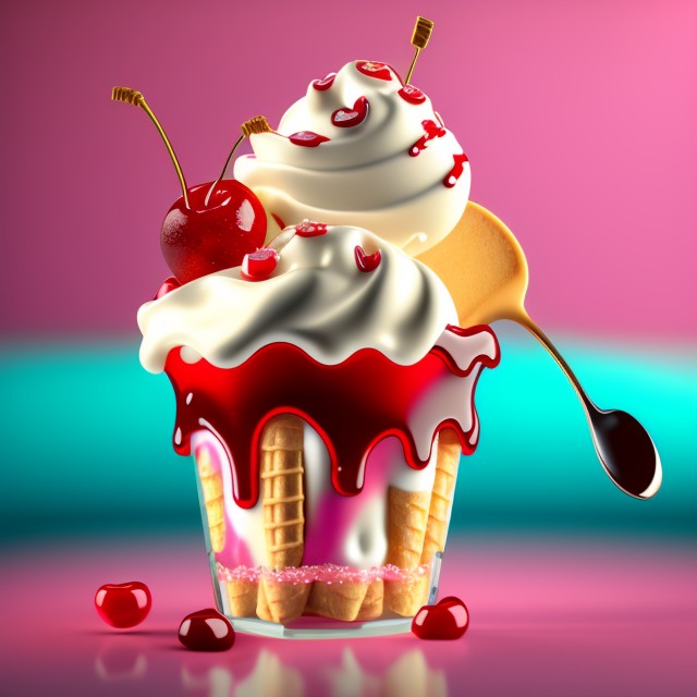 ice cream sundae, delicious, glistening, cherries, marshmallows, highly detailed, octane render