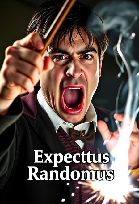 Candid photograph of a man with exaggerated facial expressions dressed as a harry potter student wizard. he is casting a spell with his wand in a dramatic gesture screaming the incantation. The text "Expectus Randomus" appears on screen in a font of magical light bolt. his face while realistic looks like a Japanese chi-bi caricature his mouth opened in a tightly lipped O, his lips plum, his eyes looking up his eyes in a crescent moon shape the bottom like manga characters are when content with themselves, eyebrows raised, giving him the allure of a dim person, of low intelligence and even a little dumb, simply put, he looks like an idiot cartoon character. The lights and shadows from the spell accentuate his facial lines.