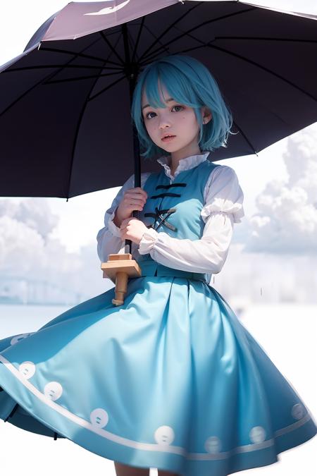 masterpiece, best quality, <lora:TataraKogasa:1>,1girl,tatara kogasa,heterochromia, blue hair,short hair,long sleeves, blue skirt,karakasa obake,umbrella, red eye,outdoors,rain