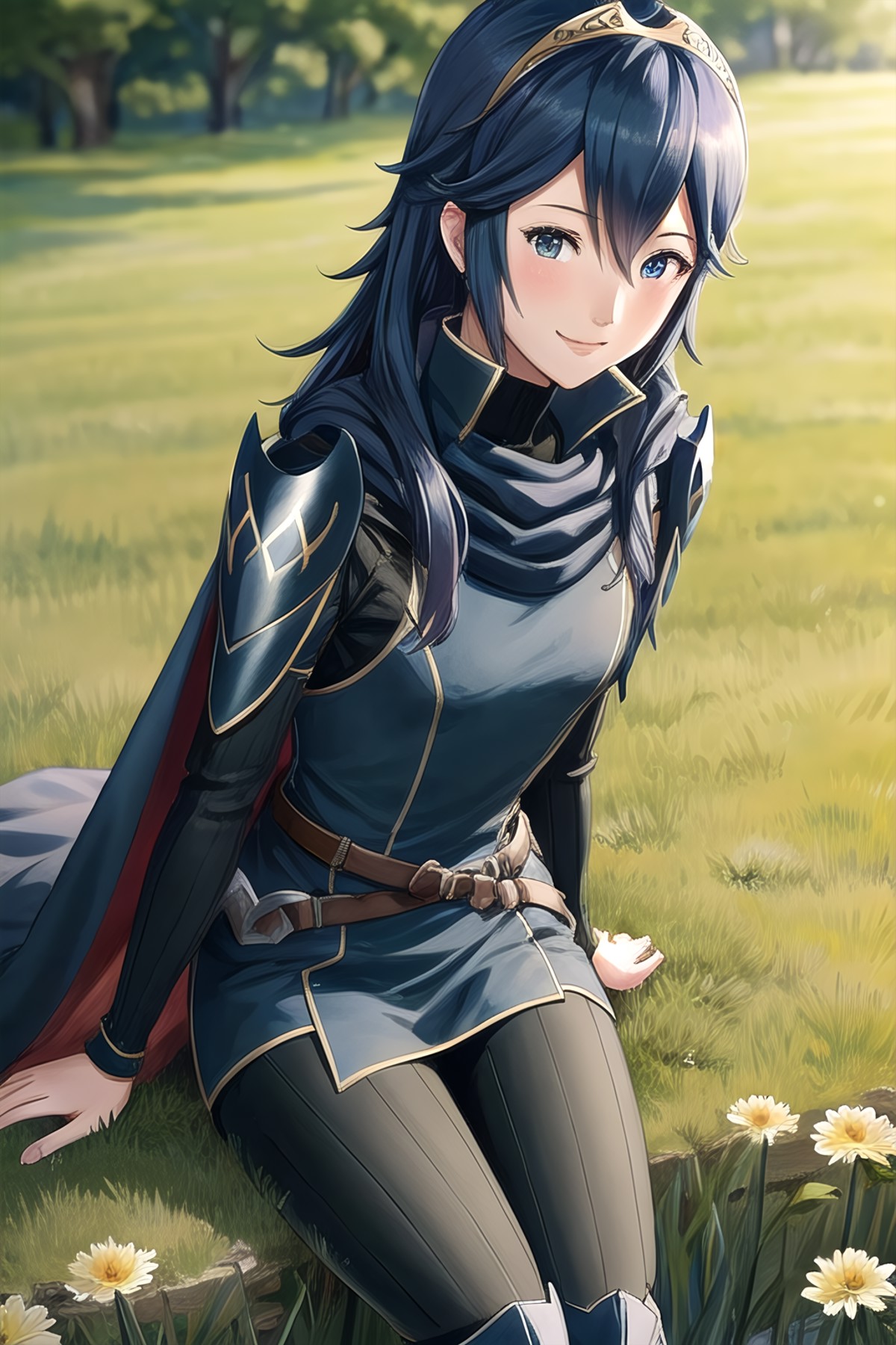 <lora:lucina-10:0.8>, lucina fe, 1girl, solo, looking at viewer, field setting, (light smile), blush, thigh boots, legging...