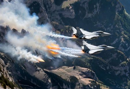 (Pilots flying the Euro Fighter jets between mountains), (displaying the low level flying capabilities of the Euro Fighter jets), hitting amazing speeds as the tilt and wind through the valleys and canyons, (view from side of euro fighter jets), (launching missiles with a stream of white vapors with flames), (a true display of military might power), (motion scenes), (pain staking attention to fine details of the jets) ,4k, surreal, (epic photography),