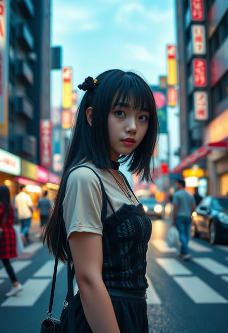 RAW photo portrait of a Japanese emo goth 1girl in busy streets of Harajuku at dawn