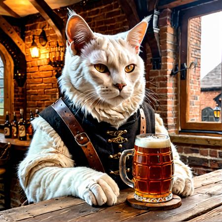 fantasy anthropomorphic cat warrior in dark tavern holding a pint of ale in a cozy environment with gas lamps rustic wood warm brick fireplace and frosted glass windows
<lora:add-detail-xl:0>
<lora:xl_more_art-full_v1:0>
