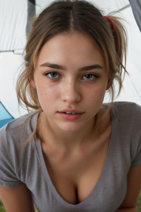 photograph, beautiful, gorgeous, petite, 18yo girl, camping, in tent, blonde hair, ponytail, detailed eyes, cleavage, gasping, seductive, rolling eyes, drooling, kneeling, orgasm, RAW photo, high quality, 35mm photograph, film grain, professional, masterpiece, 4k, highly detailed, byz