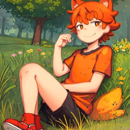 <lora:my-jrpencil-15:1> little orange fox-boy in a t-shirt and shorts in tall grass , smiles , (illustration), cartoon, detailed