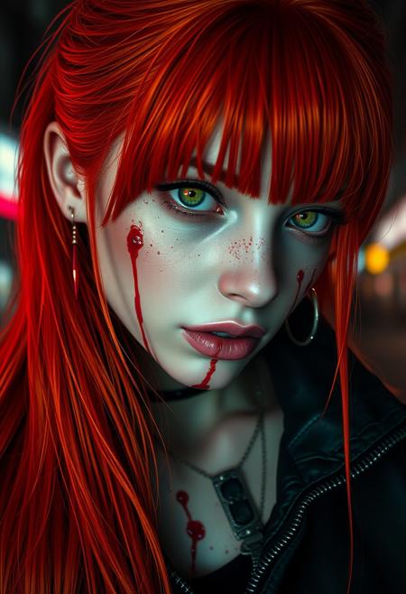 a close up of  portrait that shows a girl with bright red hair, 1girl, blood, solo, green eyes, orange hair, piercing, zipper, long hair, jewelry, earrings, ear piercing, blood on face, cyberpunk night city, realistic, professional lighting, shows, realistic, hyperrealistic