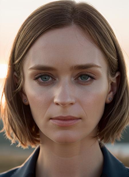 portrait of skswoman, withdrawn , wearing embroidered , with Blunt haircut , background sunset, epic (photo, studio lighting, hard light, sony a7, 50 mm, matte skin, pores, colors, hyperdetailed, hyperrealistic), <lyco:Emily Blunt:1.0>