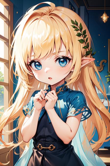 mercedes \(maplestory\), 1girl, dress, hair ornament, blonde hair, thighhighs, pointy ears, chibi mercedes, 1girl, chibi, dress, blonde hair