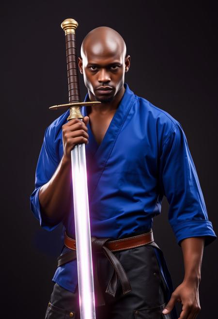 Handsome bald black man with royal blue gi shirt, glowing silver rapier, leather belts, leather patchwork pants