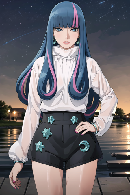 ((best quality)), ((highly detailed)), masterpiece, ((official art)), detailed face, beautiful face, (detailed eyes:1.3, deep eyes), (eida), long hair, looking at viewer, bangs, blue eyes, shirt, long sleeves, jewelry, very long hair, blue hair, pink hair, multicolored hair, earrings, sky, shorts, blunt bangs, star (symbol), nail polish, bracelet, two-tone hair, streaked hair, hand on hip, short shorts, night, black shorts, crescent, star (sky), night sky, personification, starry sky, high-waist shortsbest quality, masterpiece, intricate details, tonemapping, sharp focus, hyper detailed, trending on Artstation,1 girl, solo,best quality, masterpiece, intricate details, tonemapping, sharp focus, hyper detailed, trending on Artstation,1 girl, solo