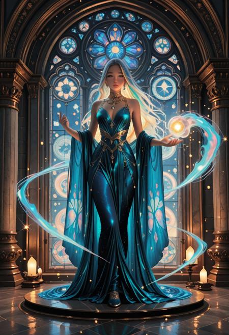 masterpiece, absurdres, 8k, HQ, celestial woman, stained glass portal, flowing aquamarine gown, cosmic backdrop, glowing ethereal light, divine elegance, fantasy realism, intricate filigree, interstellar aura, rococo structure, atmospheric lighting, luminous hair, high detail, 16k, hdr, cinematic fantasy, digital painting, Jean-Baptiste Monge, Artgerm, WLOP