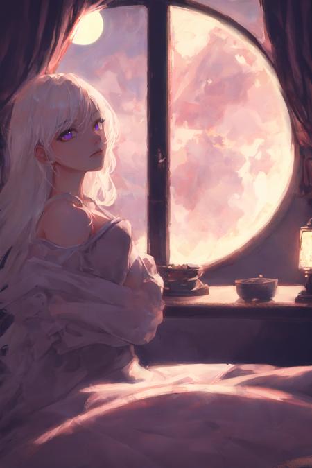 highres, highest quallity, illustration, cinematic light, ultra detailed, detailed face, (detailed eyes), best quality, hyper detailed, masterpiece, (detailed face),1girl, girl, white hair, purple eyes, highest details, luminous eyes, medium breats, sitting in bed, sitting, bed, window, night sky, lake outside, moon, full moon, backlighting, light rays, (high contrast), (colorful),