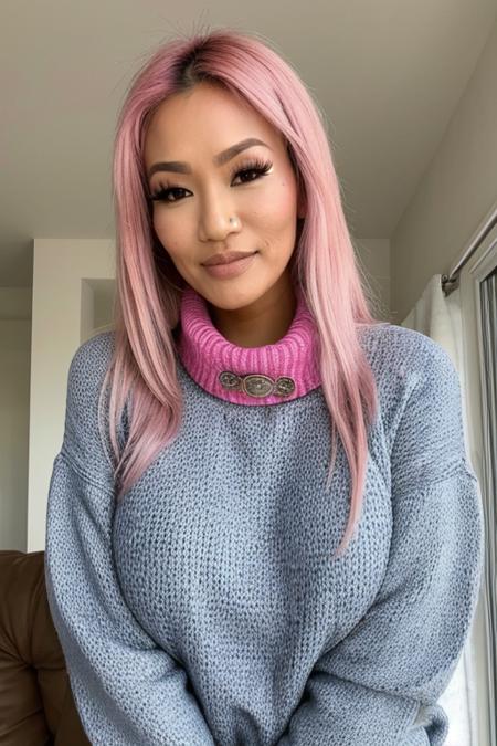 <lora:Sp1r1tu4lB1mb0_v1:0@1, 0.8@1, 1.0@0>,  photo, high resolution, high quality, asian with pink hair Sp1r1tu4lB1mb0 woman in jeans and long winter sweater with collar covering her whole body, looking at the viewer, big breasts