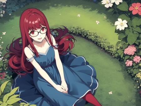 masterpiece, best quality, 1girl, solo, dssumire, red hair, long hair, straight hair, red eyes, glasses, Dark Blue (long dress:1.4), Light Red pantyhose, from above, happy, enchanted garden, magical creatures, mythical plants,
 <lyco:dskasumi-v2_lc_768:1> <lyco:p5-anime_style_lc:0.6>