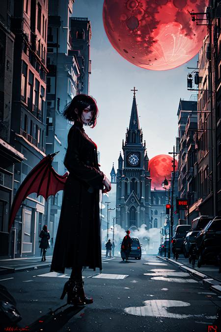 (red moon, church at far),(1 Vampire girl wings at street),best quality, masterpiece,red eyes,smoke,broken street,