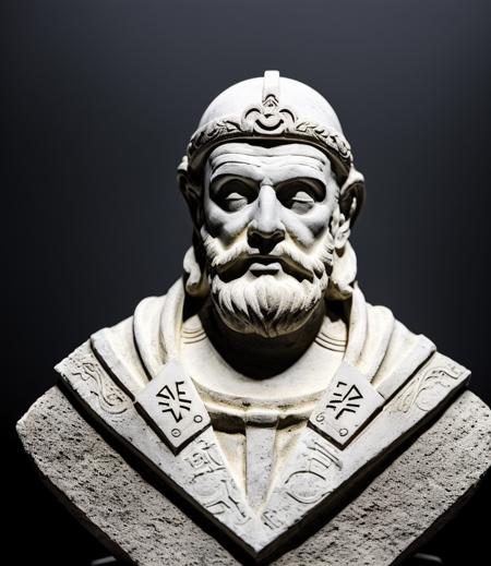 mockup, marble bust sculpture of geometric ancient undead priest warrior astrologist, full view, magical astrological esoteric symbols, Bauhaus,  intricately decorated, medium shot, (black background:1.3)