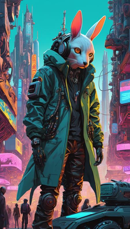 A photo of a detailed, hyper-colored digital illustrations featuring a vibrant blend of sci-fi elements and fantasy themes. High-quality image showcasing a chaotic, dystopian cityscape in the background, teeming with cyberpunk
machinery. In the foreground, a whimsical group of intricately-drawn, anthropomorphized animals, bearing human-like expressions, dressed in retro-futuristic attire. The picture is reminiscent of the striking artistry styles of Moebius and Enki Bilal, gelbooru tags include cyberpunk, cityscape, animals, highres, sci-fi and dystopian.