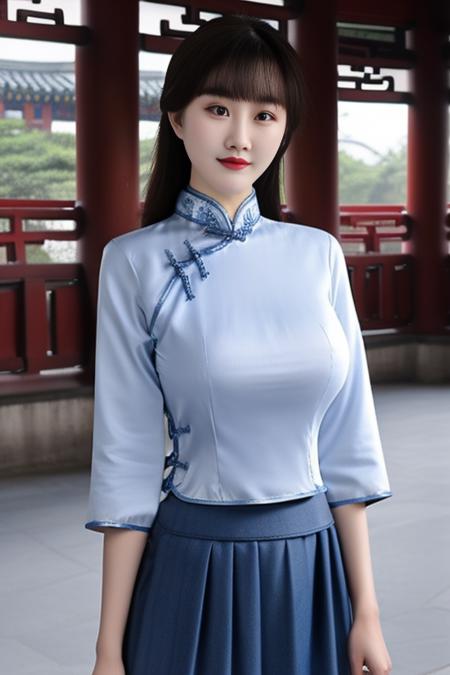 best quality, masterpiece,real,realistic, photo,photorealistic,looking at viewer,upper body,
1girl, xiaofu,school uniform, chinese clothes, cheongsam,shirt,pleated skirt,sleeves past elbows ,
outdoors, city,chinese town,east asian architecture,street, 
long hair,straight hair, blunt bangs, huge breasts, covered nipples,
<lora:xiaofu_v3_02:0.8> <lora:DA_Beauty:0.6>