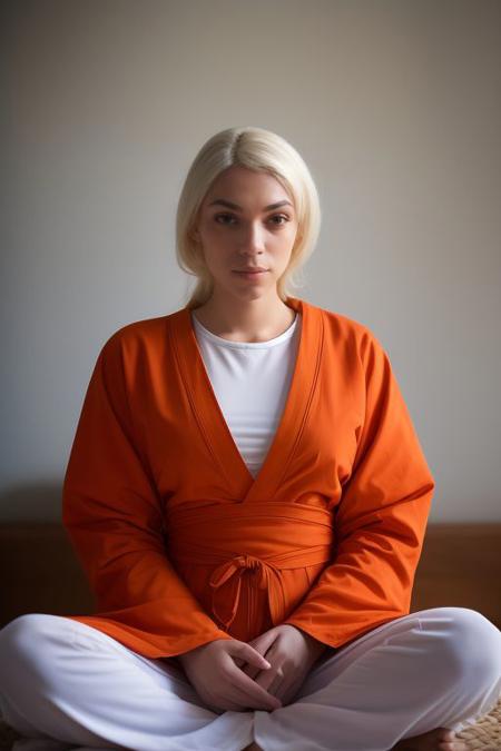 DEN_octokuro_MK2,
a Buddhist monk sitting outside and meditating in a Buddhist monastery wearing orange Buddhist robes, Buddhist, tranquillity, peace,
bokeh, f1.4, 40mm, photorealistic, raw, 8k, textured skin, skin pores, intricate details  <lora:epi_noiseoffset2:1>, epiCRealism, <lora:ClothingAdjuster3:-1.0>