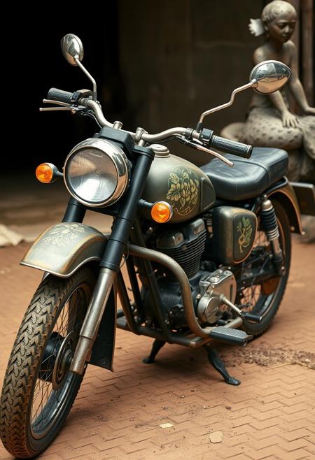 A vintage motorcycle with elegant floral engravings, African art and sculpture, often incorporating bold, simplified forms and earthy, raw textures. a blend of primitivism and expressionism, focusing on the human figure, cultural symbolism, and emotional depth.
