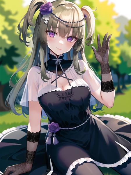 meimei_himari,flaxen hair,two said up,long hair,purple eyes,dark dress,sleeveless,purple pantyhose,sash long glove,black high heel