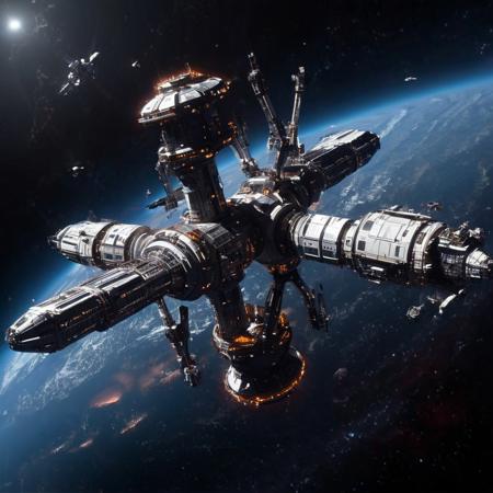 Design a breathtaking scene set in the vastness of space, where a futuristic spaceship is gracefully docking with a massive space station. Imagine this spacecraft as a marvel of human engineering, with sleek lines, glowing accents, and an array of advanced technologies on display. The space station, a towering structure with intricate details and multiple docking ports, serves as a bustling hub of interstellar activity.

As the spaceship aligns perfectly with the docking bay, highlight the intricate dance of mechanical arms and magnetic locks securing the two structures together. Add a dramatic touch with a vibrant nebula glowing in the background, its vivid colors contrasting the dark void of space. Enhance the sense of depth and movement with stars streaking across the scene, creating a captivating starfield.

Include subtle lighting effects to showcase the reflective surfaces of the spaceship and space station, emphasizing their metallic sheen. Perhaps add a few smaller vessels or spacewalkers nearby, providing a sense of scale and additional visual interest. The overall composition should evoke a sense of wonder, showcasing the beauty and excitement of space exploration and the potential of human ingenuity in the future.
